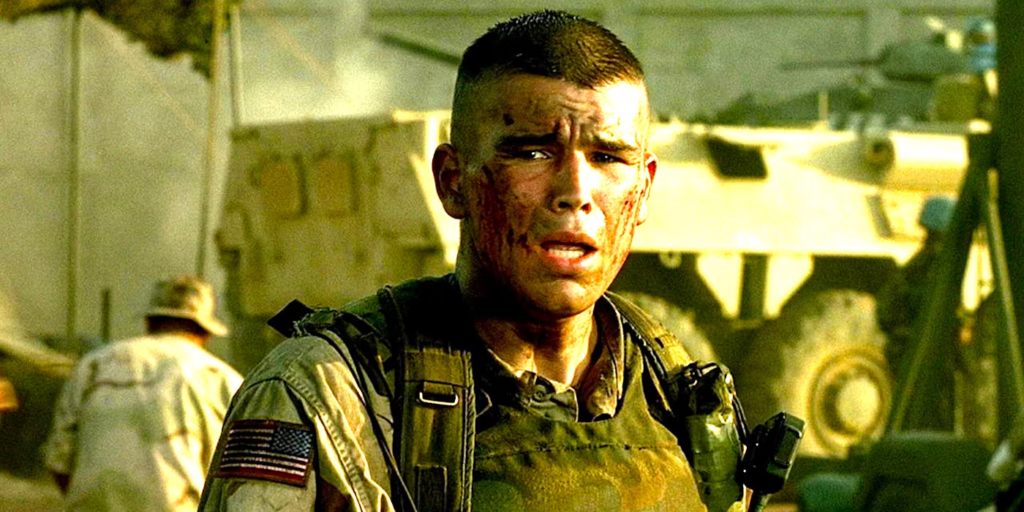 Josh Hartnett como Sargento Matt Eversmann liderando sua equipe no filme "Falcão Negro em Perigo"